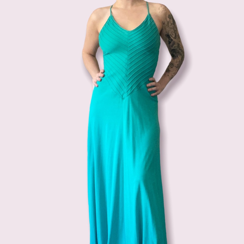 Vintage 70s Strappy Racerback Turquoise Maxi Skater Disco Dress by Foxy Lady